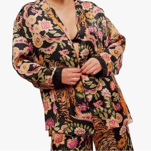 🆕 NWT FP Pajama SET Iron Combo Tiger Floral Print SILKY oversized XL Long Tall - Picture 3 of 16